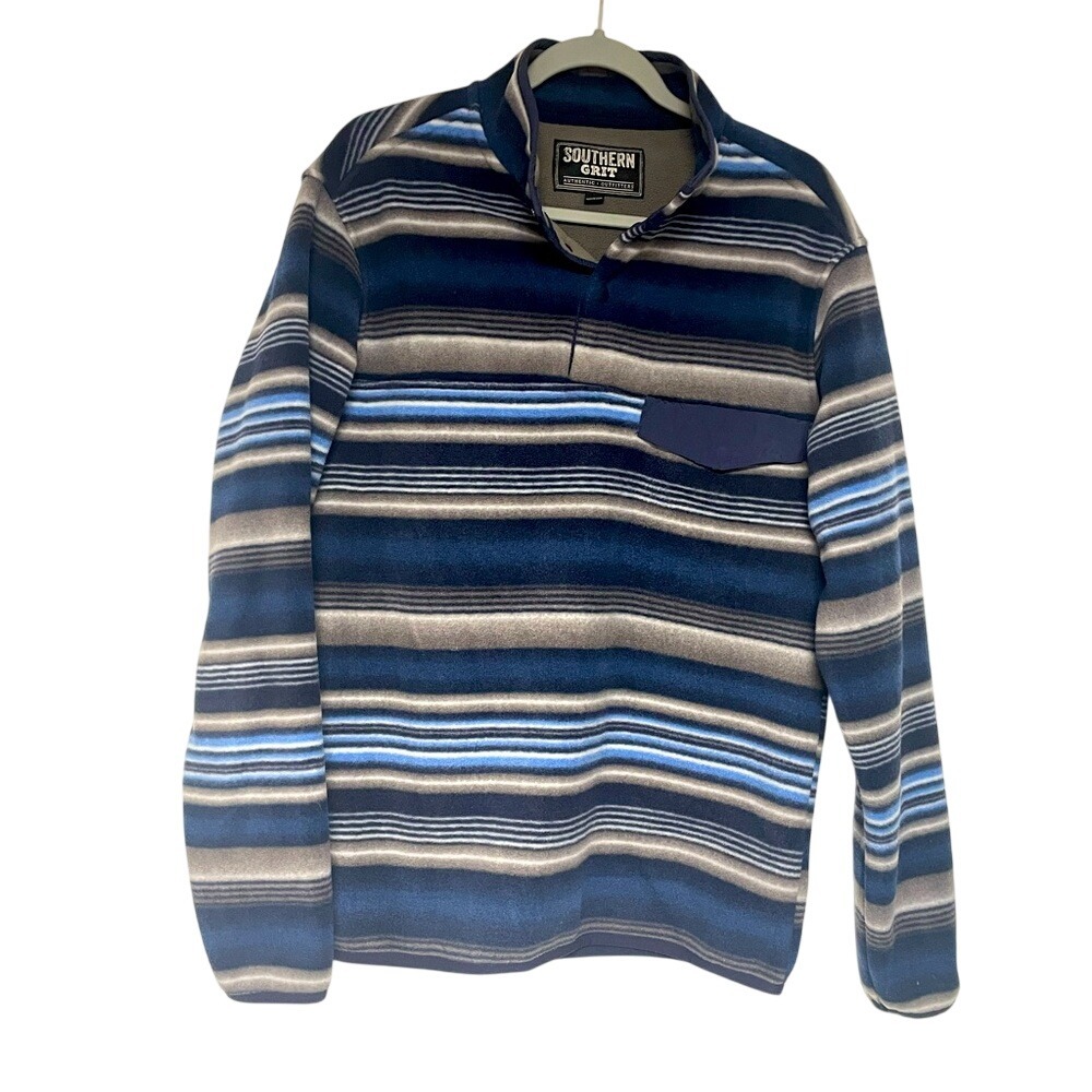 Southern Grit Western Blue Gray Stripe Snap Fleece Pullover‎ Mens Small